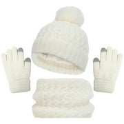 Herrnalise Kids Winter Beanie Hat Scarf Gloves Set Pompom Toddler Warm Knit Cap Mittens Fleece Lined Neck Warmer for Boys Girls